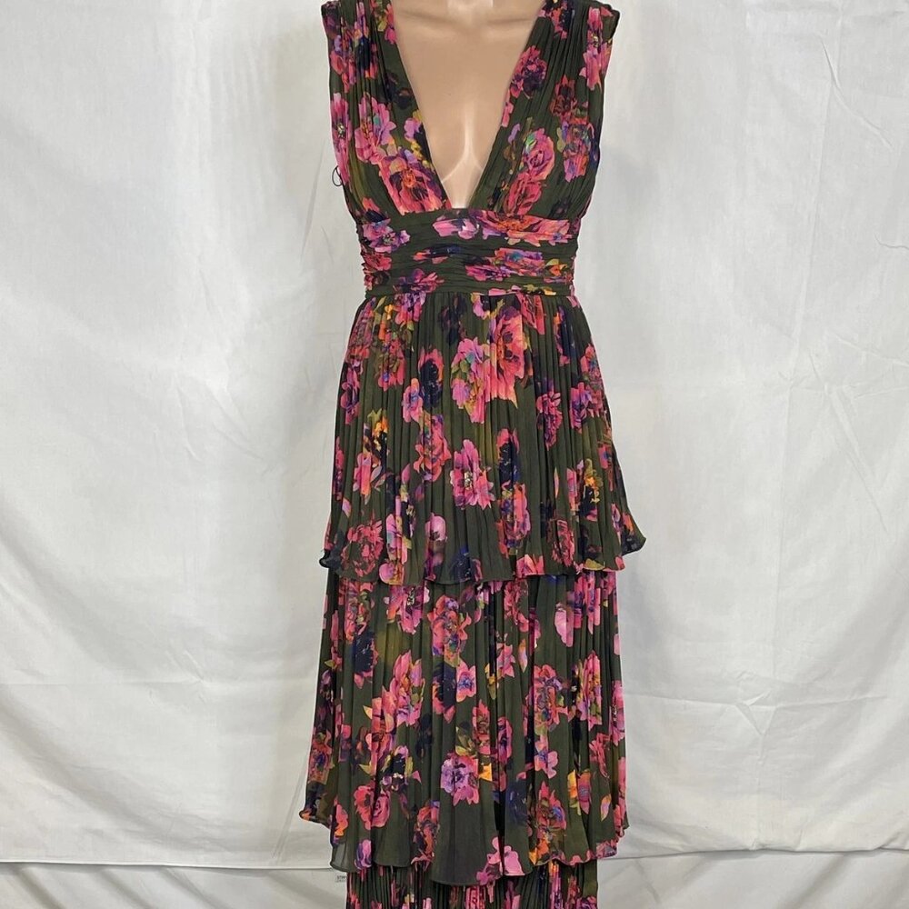 NEW AMUR Women’s Fluer Deep V Pleated Gown – Earthy Multi – Size 2
